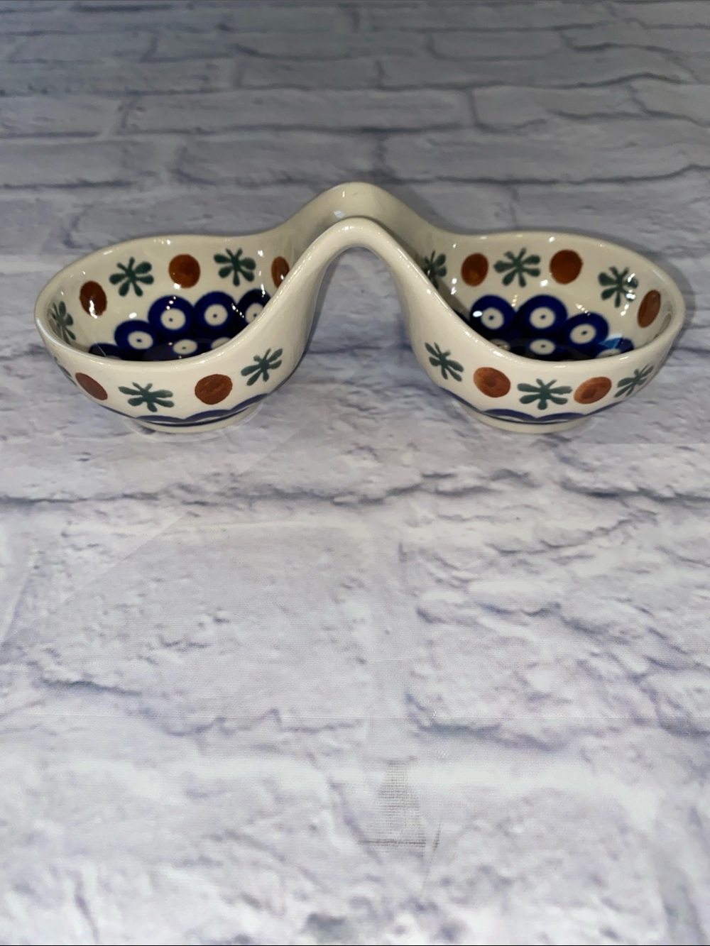 Ceramic Double Snack Server - Blue, Brown & Green Pattern